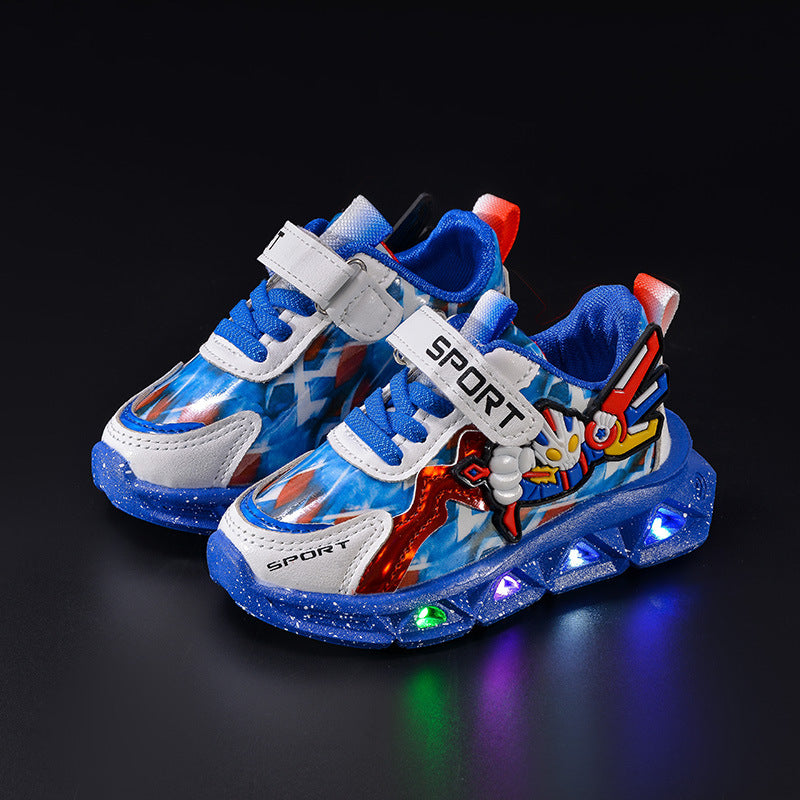Spring and autumn 2025 new leather bright lights children's sneaker wholesale cartoon with lights boys soft bottom running shoes in stock