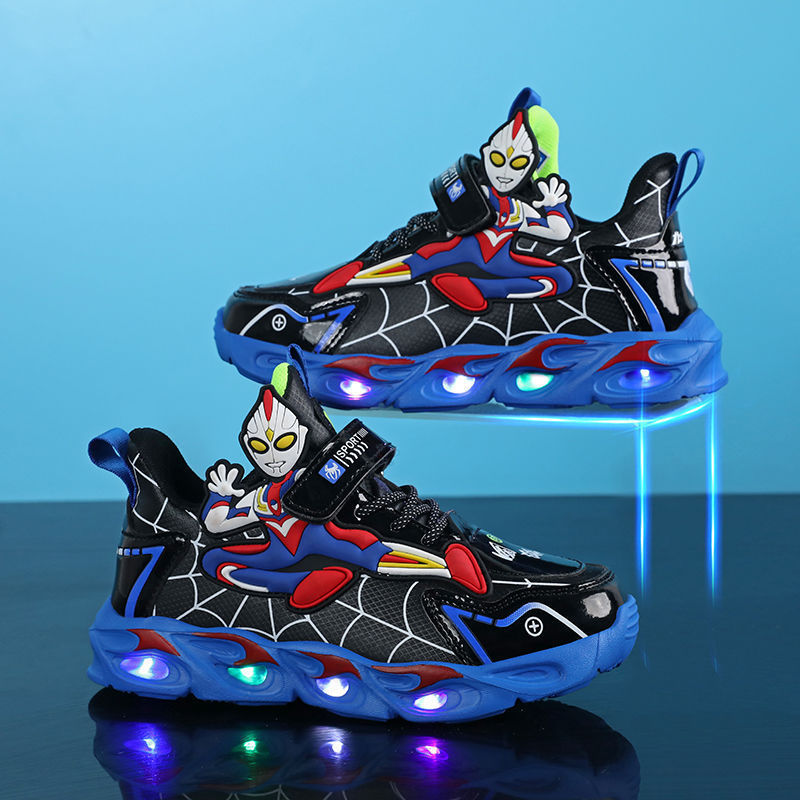 2025 Boys' Shoes Children's Anti-Slip Mid-Leat Running Shoes Leather with Lights Spider-Man Children's Sports Shoes Autumn Lightweight