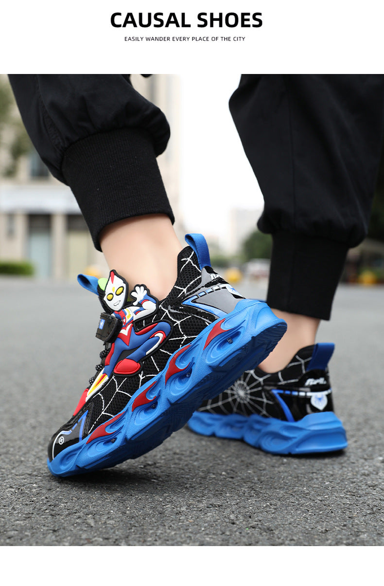2025 Boys' Shoes Children's Anti-Slip Mid-Leat Running Shoes Leather with Lights Spider-Man Children's Sports Shoes Autumn Lightweight