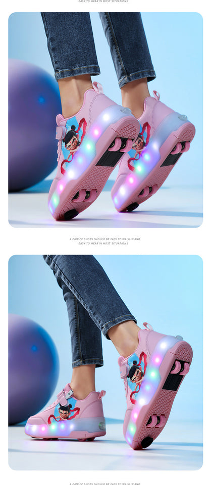 Factory Direct Sale Children's Light-Up Roller Shoes with Double Wheels, Invisible Student Roller Skates with Wheels for Walking, Suitable for Girls