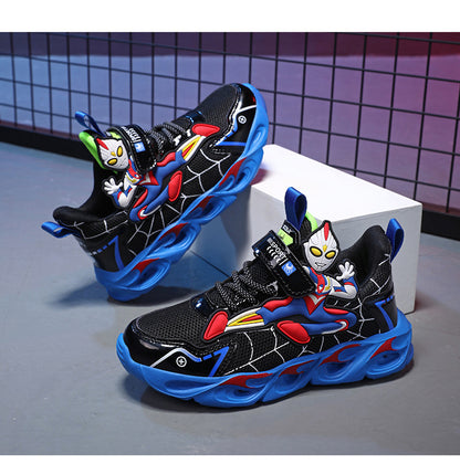 2025 Boys' Shoes Children's Anti-Slip Mid-Leat Running Shoes Leather with Lights Spider-Man Children's Sports Shoes Autumn Lightweight