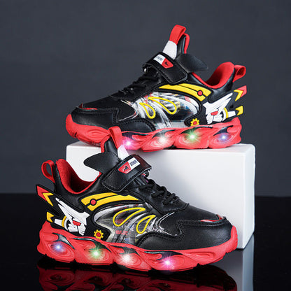 2025 Boys' Shoes Children's Anti-Slip Mid-Leat Running Shoes Leather with Lights Spider-Man Children's Sports Shoes Autumn Lightweight