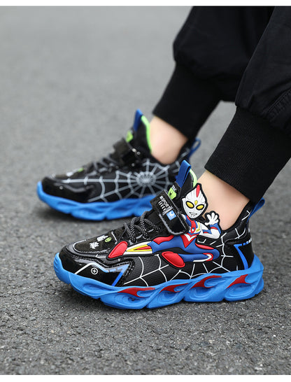 2025 Boys' Shoes Children's Anti-Slip Mid-Leat Running Shoes Leather with Lights Spider-Man Children's Sports Shoes Autumn Lightweight