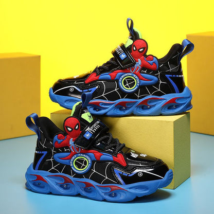 2025 Boys' Shoes Children's Anti-Slip Mid-Leat Running Shoes Leather with Lights Spider-Man Children's Sports Shoes Autumn Lightweight