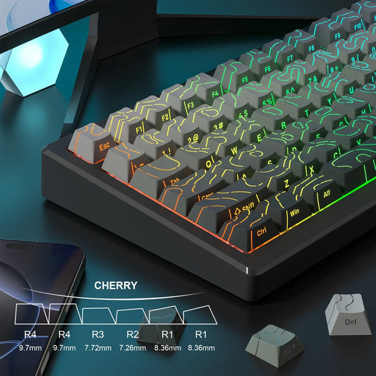 98 Keys Side-lit Shine Through Keycaps Grey Topographic Cherry Profile PBT Double Shot Keycaps for MX Switches Gaming Keyboard