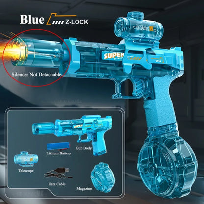 UZI Electric Water Gun with LED Light Recoil Long Range Continuous Shooting Water Blaster Summer Beach Outdoor Toy for Kids