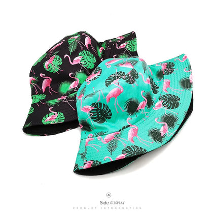 Bocca Flamingo Printing Bucket Hat Coconut Trees Printing Pattern Fisherman Hats Double Sides Panama Cap Summer Cap Hot Selling