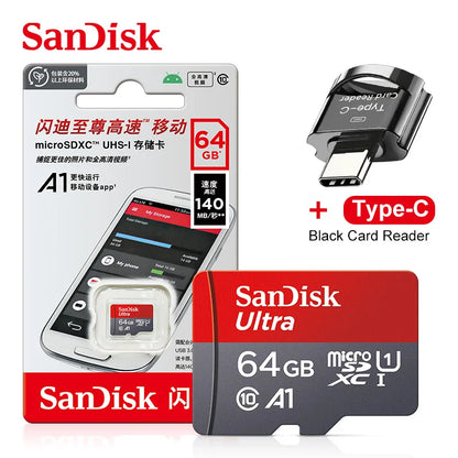 Original SanDisk A1 Memory Card 256GB 128GB 100MB/S 64GB 32GB Micro sd card Class 10 UHS-1 Flash Microsd TF + Type-C Card Reader