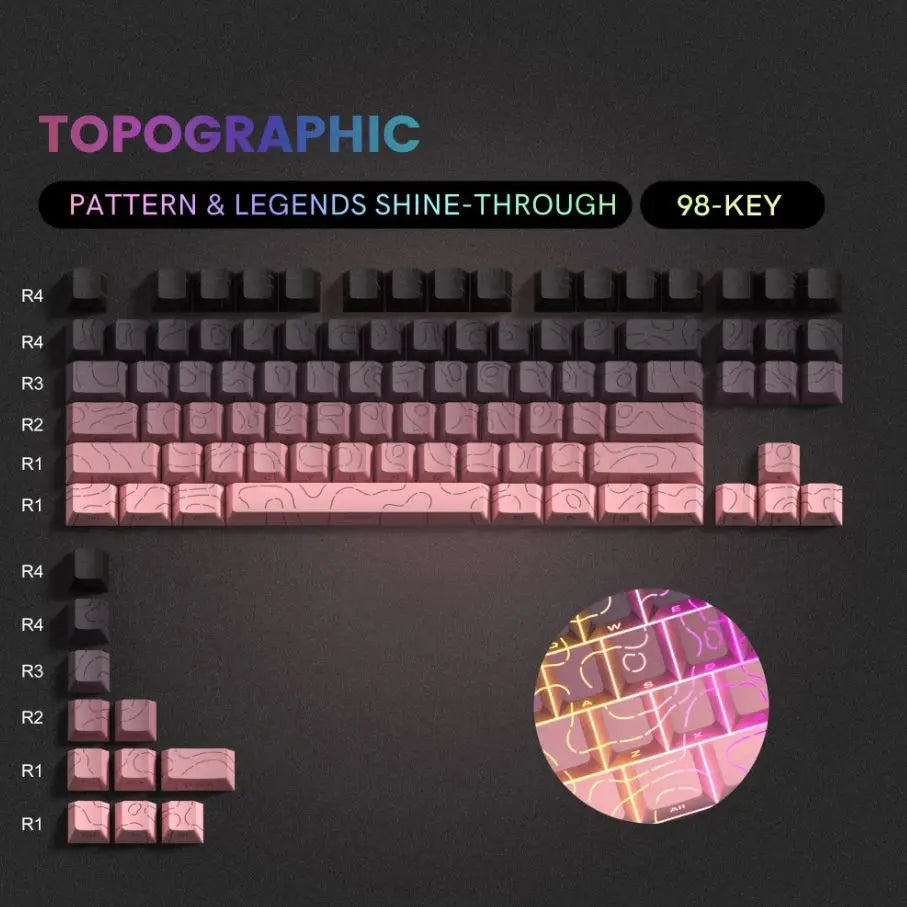 98 Keys Side-lit Shine Through Keycaps Grey Topographic Cherry Profile PBT Double Shot Keycaps for MX Switches Gaming Keyboard