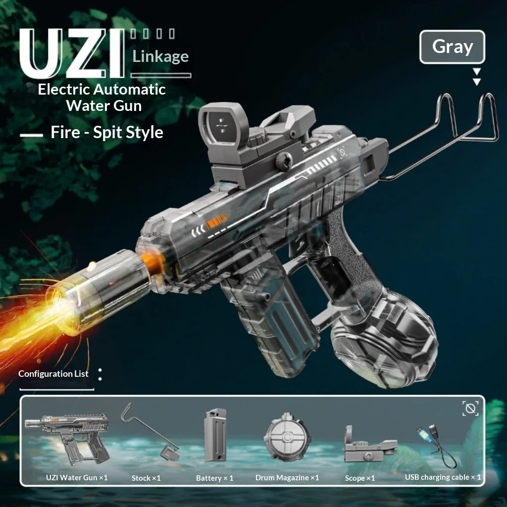 UZI/MK3 Electric Water Gun with Lights Cool Electric Continuous Firing and Reloading Summer Water Play Kid’s Adult Toy Water Gun