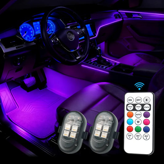 RGB Car Interior Lights with Wireless Remote, Larger Battery & Brighter LED, Type-C Fast Charging, Multi-Mode for Motorcycle
