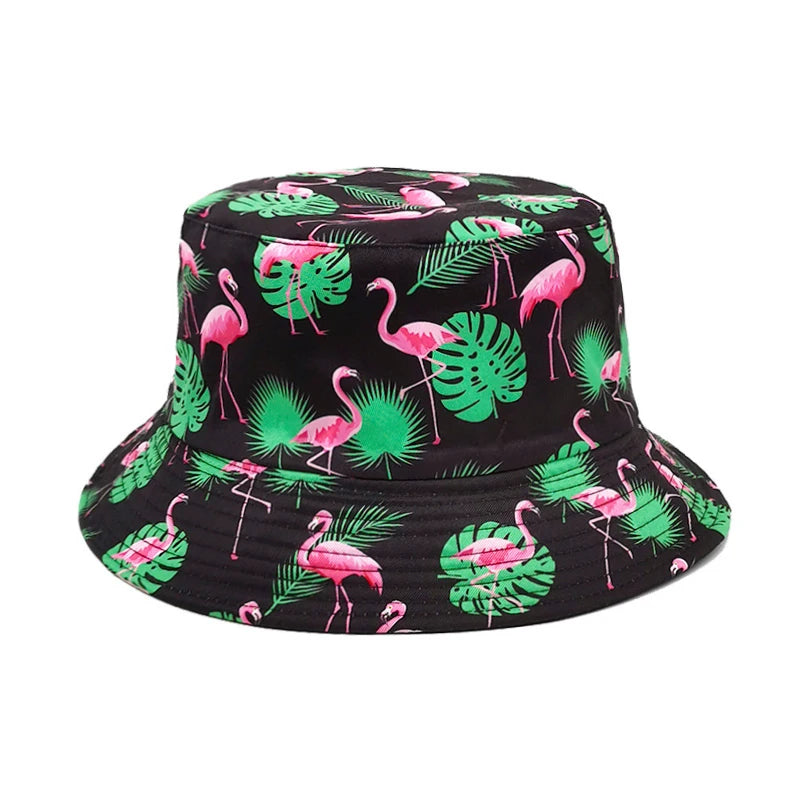 Bocca Flamingo Printing Bucket Hat Coconut Trees Printing Pattern Fisherman Hats Double Sides Panama Cap Summer Cap Hot Selling