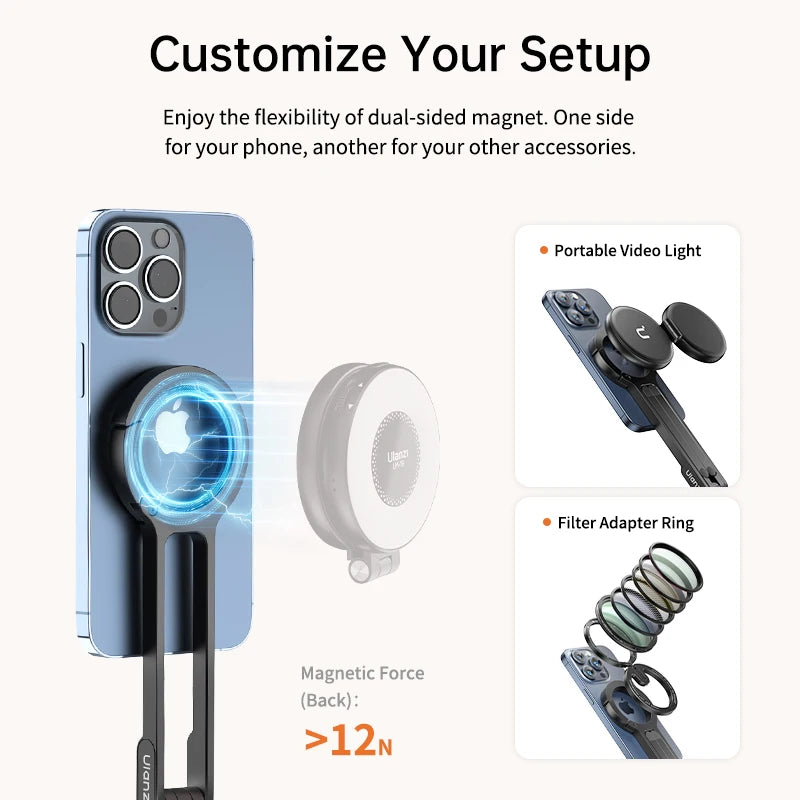 Ulanzi MA30 Carabiner-Mounted Phone Tripod for iPhone 15 14 13 12 Pro/Pro Max Dual-sided Magnet Tripod Desk Mount Phone Handle