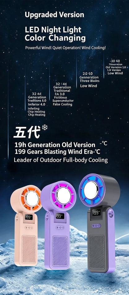 2026 New RGB Light Mini Handheld Fan Hanging Neck Outdoor 180 Degree Folding Desktop Folding High-speed Powerful Portable Fan