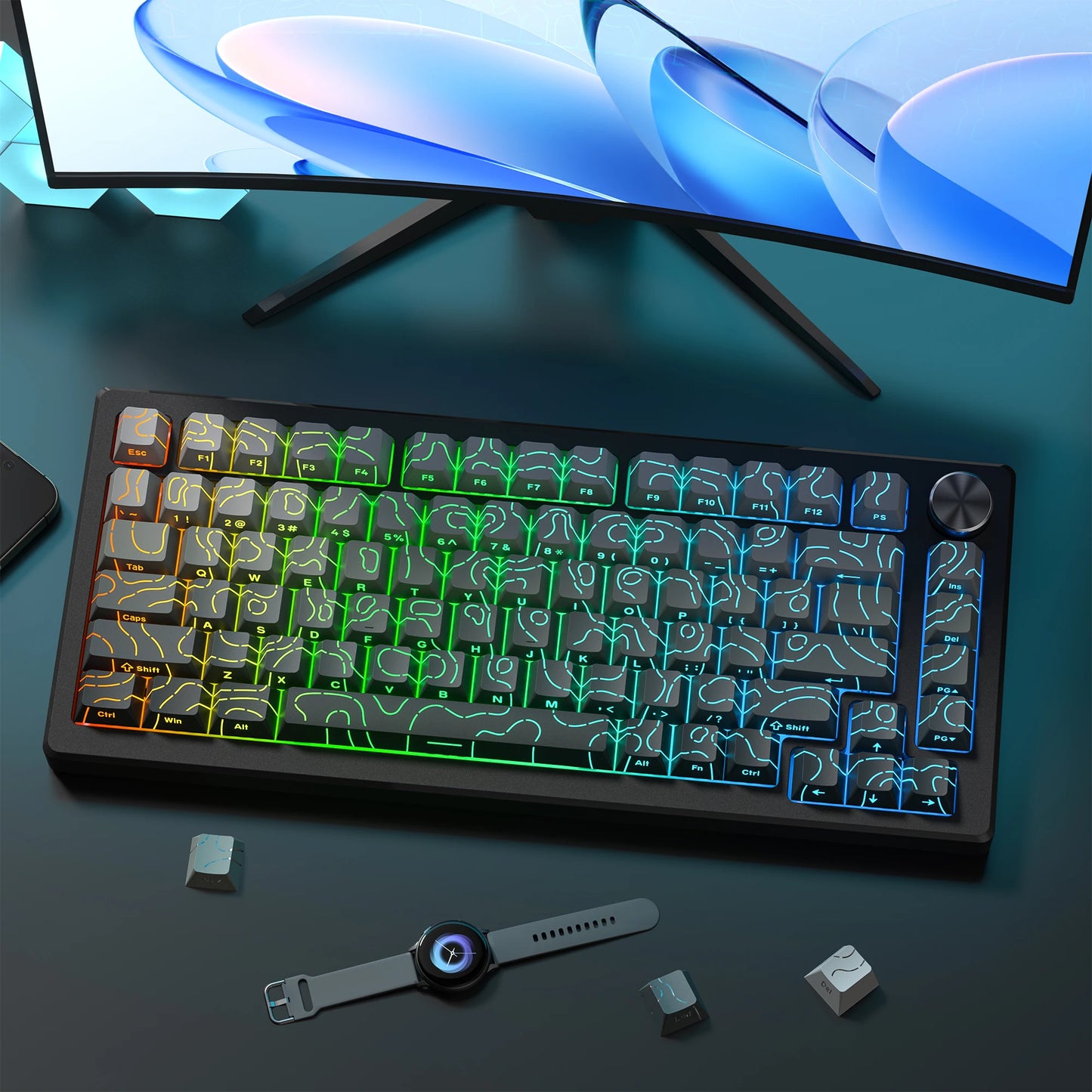 98 Keys Side-lit Shine Through Keycaps Grey Topographic Cherry Profile PBT Double Shot Keycaps for MX Switches Gaming Keyboard