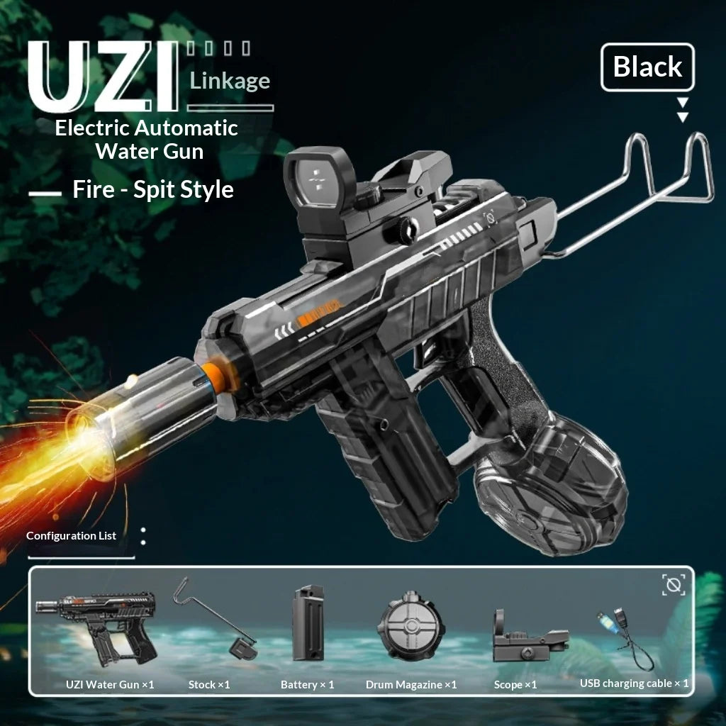 UZI/MK3 Electric Water Gun with Lights Cool Electric Continuous Firing and Reloading Summer Water Play Kid’s Adult Toy Water Gun
