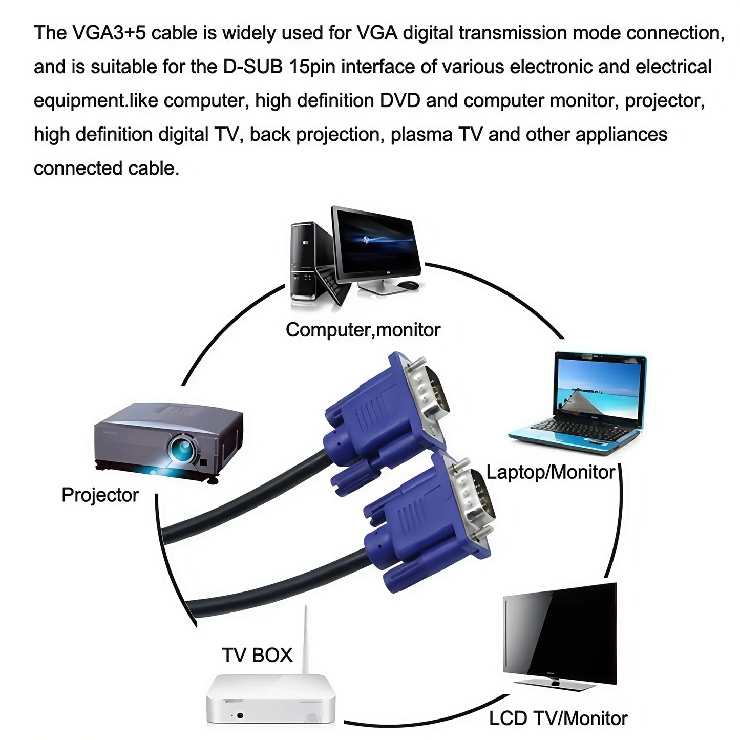 VGA To VGA Cable 15 Pin Male To Male Extension Converter Connector for Computer Monitor Projector PC TV Adapter