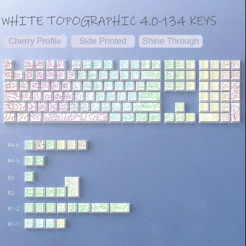 98 Keys Side-lit Shine Through Keycaps Grey Topographic Cherry Profile PBT Double Shot Keycaps for MX Switches Gaming Keyboard