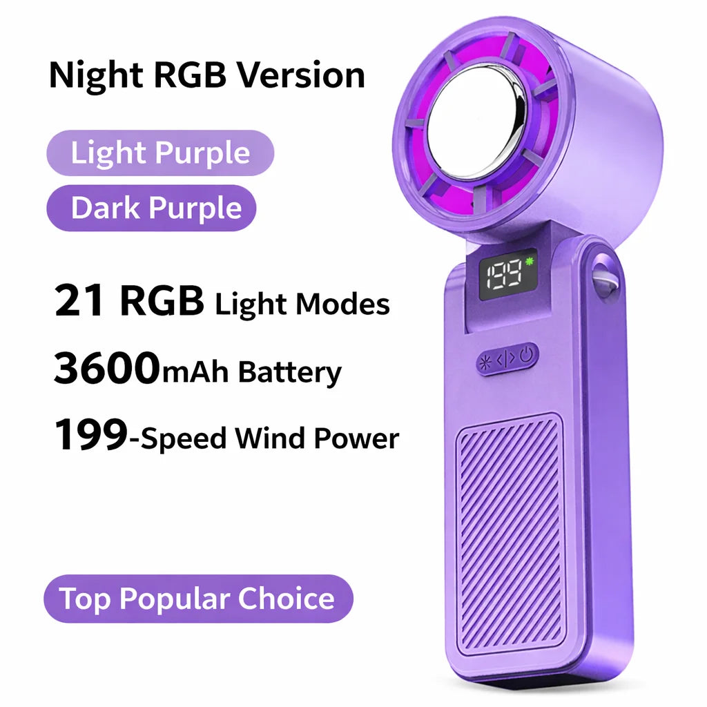 2026 New RGB Light Mini Handheld Fan Hanging Neck Outdoor 180 Degree Folding Desktop Folding High-speed Powerful Portable Fan