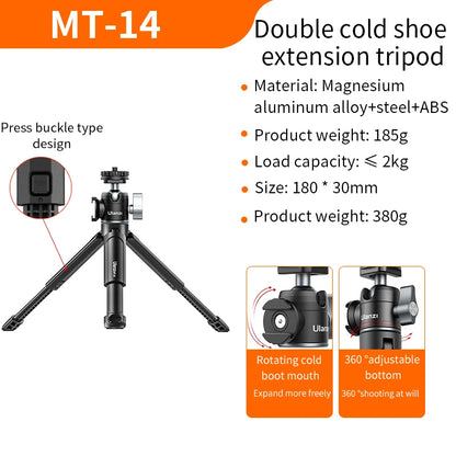 Ulanzi MT-14 Aluminum Alloy Tripod 2KG Load with 360° Ballhead 1/4 Screw Light Portable Vlog Kit Light Desktop Tripods For Phone