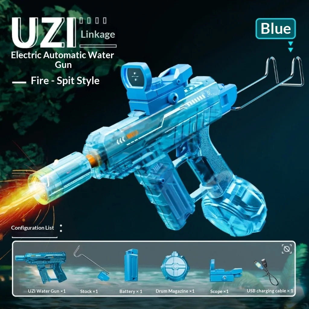 UZI/MK3 Electric Water Gun with Lights Cool Electric Continuous Firing and Reloading Summer Water Play Kid’s Adult Toy Water Gun