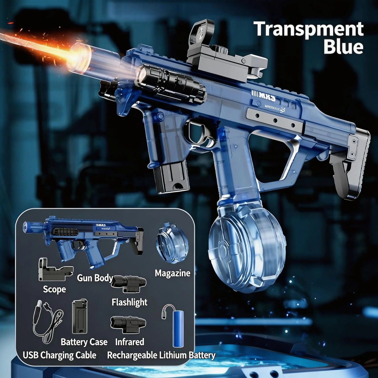 UZI/MK3 Electric Water Gun with Lights Cool Electric Continuous Firing and Reloading Summer Water Play Kid’s Adult Toy Water Gun