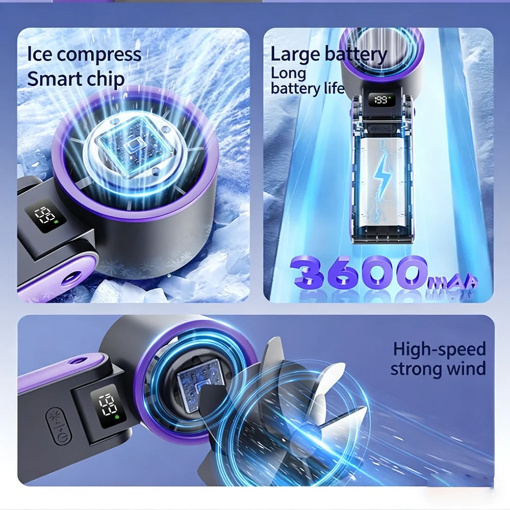 2026 New RGB Light Mini Handheld Fan Hanging Neck Outdoor 180 Degree Folding Desktop Folding High-speed Powerful Portable Fan