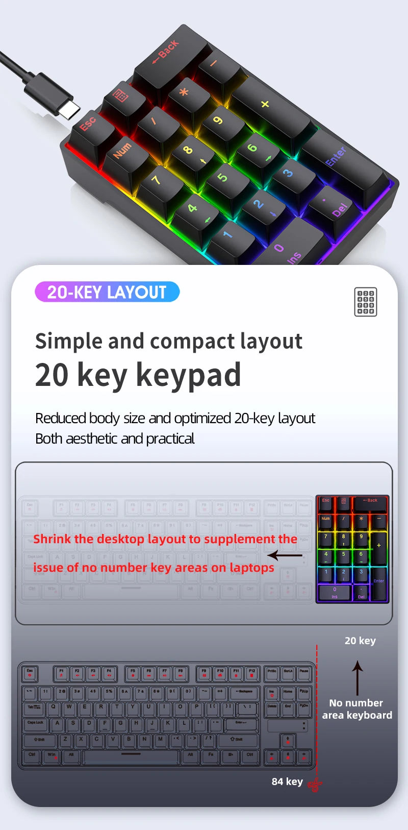 YF20 Mini Keyboard Mechanical Numeric Keyboard Wired Laptop External Keypad Mini Office Portable Keypad Chilrdren Gift Man Gifts