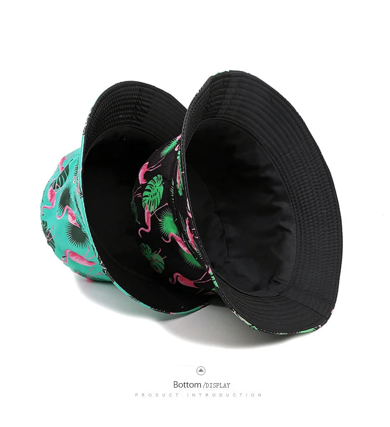 Bocca Flamingo Printing Bucket Hat Coconut Trees Printing Pattern Fisherman Hats Double Sides Panama Cap Summer Cap Hot Selling