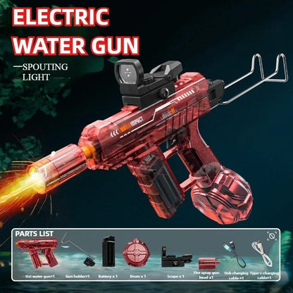 UZI Electric Water Gun with LED Light Recoil Long Range Continuous Shooting Water Blaster Summer Beach Outdoor Toy for Kids