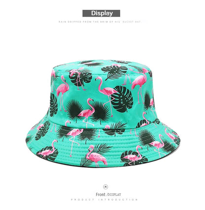 Bocca Flamingo Printing Bucket Hat Coconut Trees Printing Pattern Fisherman Hats Double Sides Panama Cap Summer Cap Hot Selling