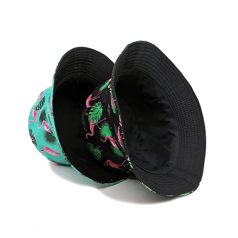 Bocca Flamingo Printing Bucket Hat Coconut Trees Printing Pattern Fisherman Hats Double Sides Panama Cap Summer Cap Hot Selling