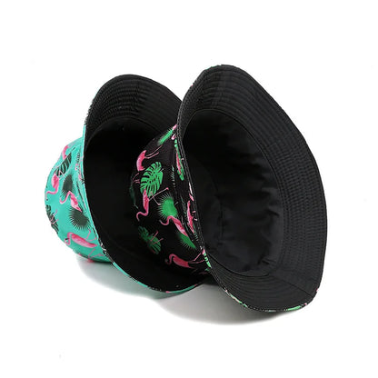 Bocca Flamingo Printing Bucket Hat Coconut Trees Printing Pattern Fisherman Hats Double Sides Panama Cap Summer Cap Hot Selling