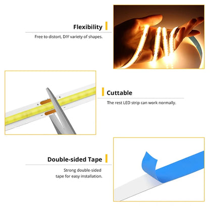 8mm PCB COB LED Strip Light With DC Head 12V 320LEDs/m High Brightness Flexible Tape Warm Natural White Red Green Blue 0.5m 5m