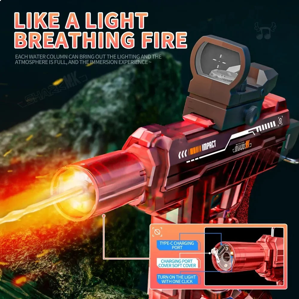 UZI Electric Water Gun with LED Light Recoil Long Range Continuous Shooting Water Blaster Summer Beach Outdoor Toy for Kids