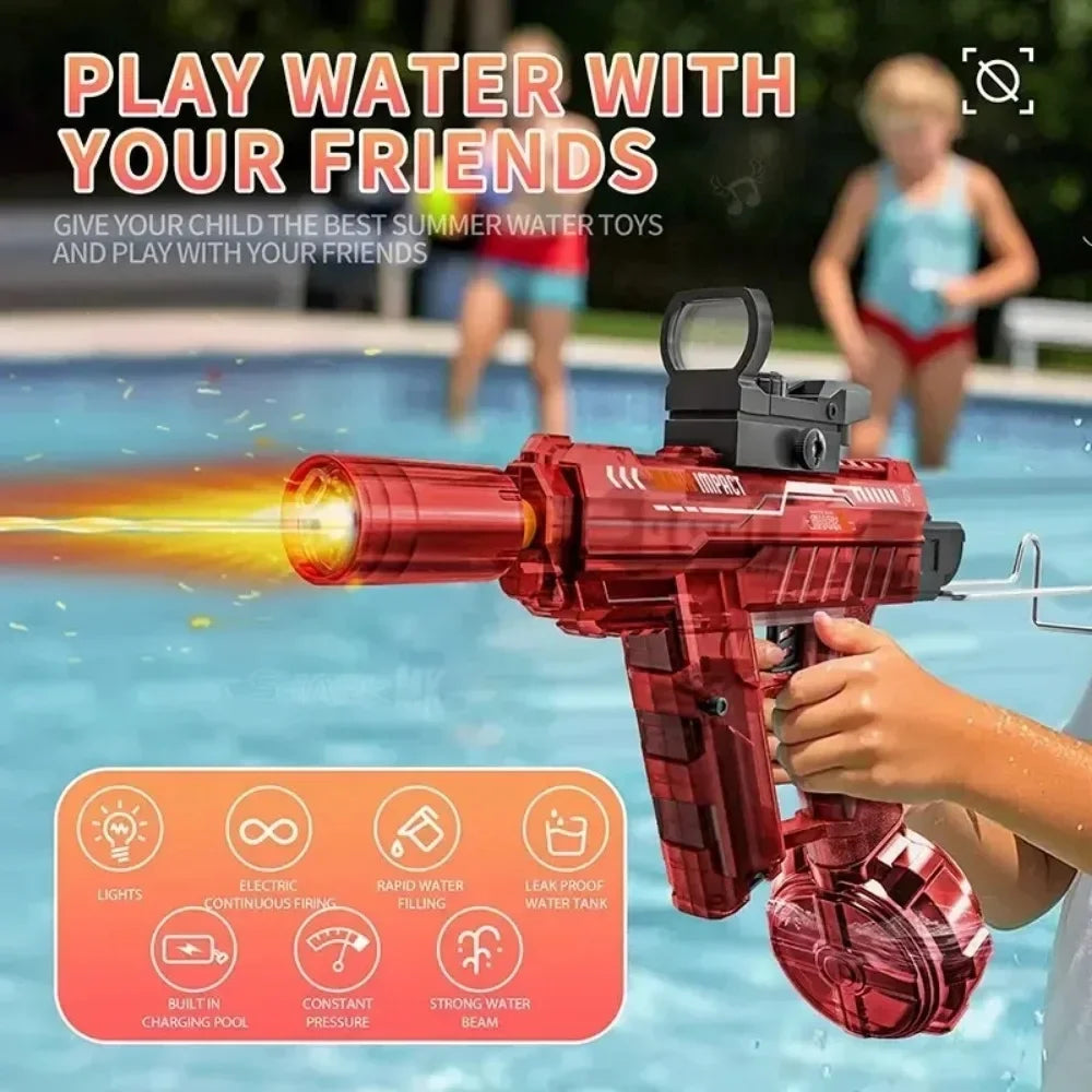 UZI Electric Water Gun with LED Light Recoil Long Range Continuous Shooting Water Blaster Summer Beach Outdoor Toy for Kids