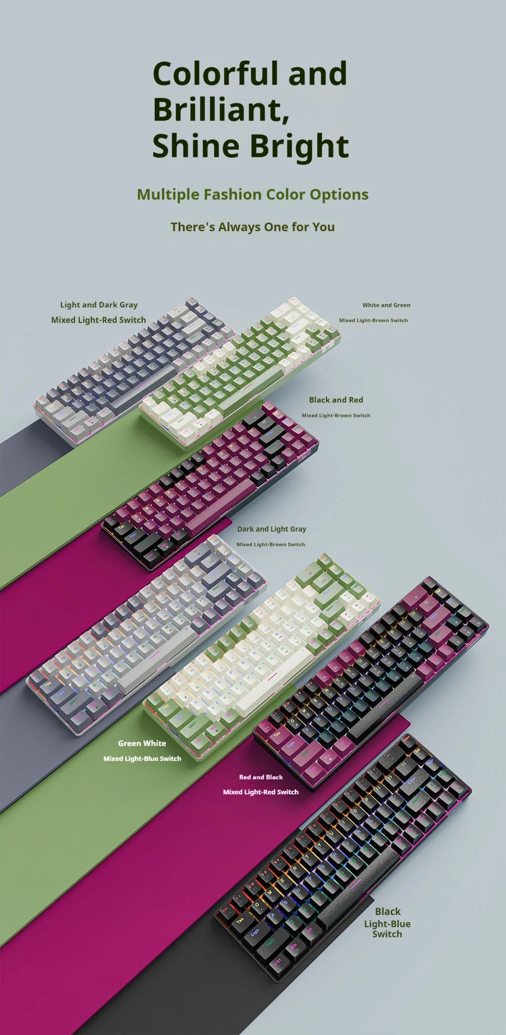 Compact Wired Gaming Mechanical Keyboard 68-Key Hot-Swappable 65% Layout LED Backlight OEM Keycaps  Support for PC
