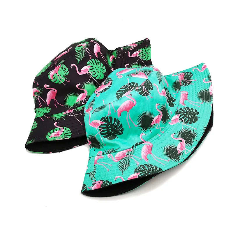 Bocca Flamingo Printing Bucket Hat Coconut Trees Printing Pattern Fisherman Hats Double Sides Panama Cap Summer Cap Hot Selling