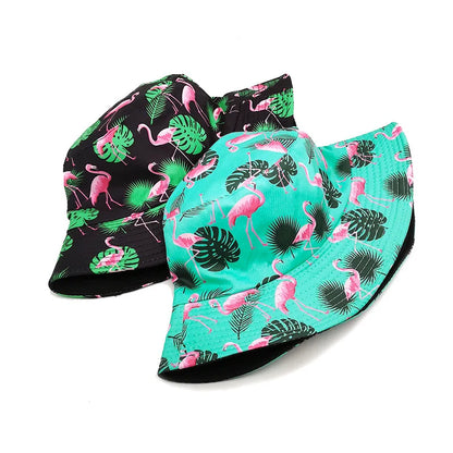 Bocca Flamingo Printing Bucket Hat Coconut Trees Printing Pattern Fisherman Hats Double Sides Panama Cap Summer Cap Hot Selling