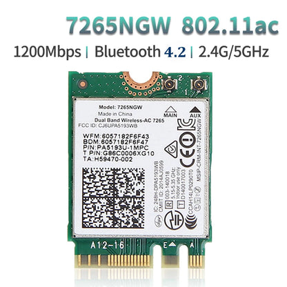 7265AC  7265NGW WiFi Card Dual Band 2.4G/5GHz 300Mbps + 867Mbps NGFF M.2 802.11AC