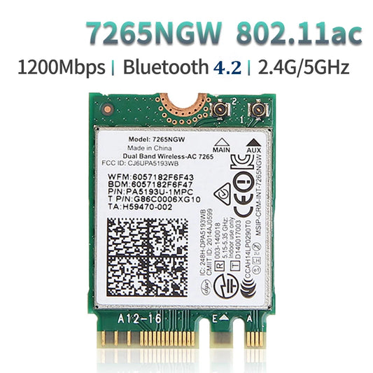 7265AC  7265NGW WiFi Card Dual Band 2.4G/5GHz 300Mbps + 867Mbps NGFF M.2 802.11AC