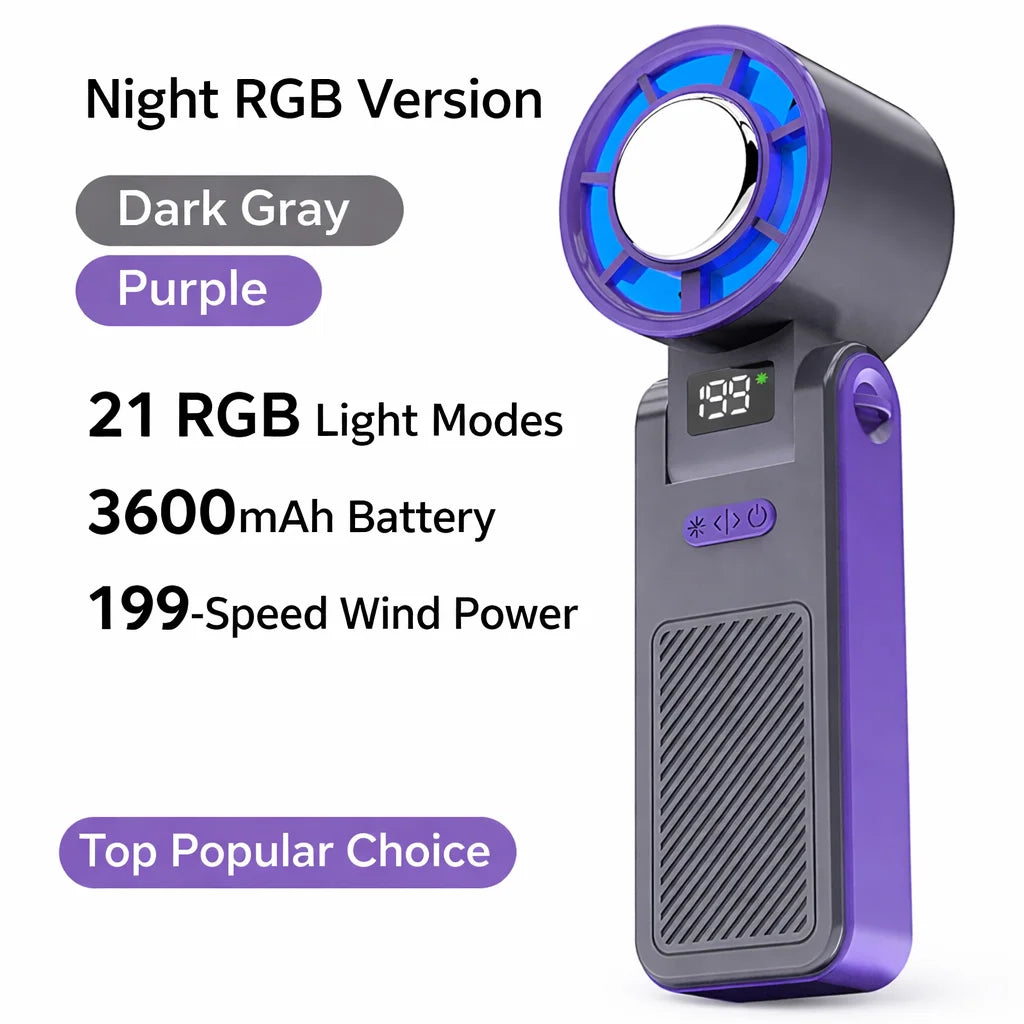2026 New RGB Light Mini Handheld Fan Hanging Neck Outdoor 180 Degree Folding Desktop Folding High-speed Powerful Portable Fan
