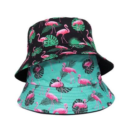 Bocca Flamingo Printing Bucket Hat Coconut Trees Printing Pattern Fisherman Hats Double Sides Panama Cap Summer Cap Hot Selling