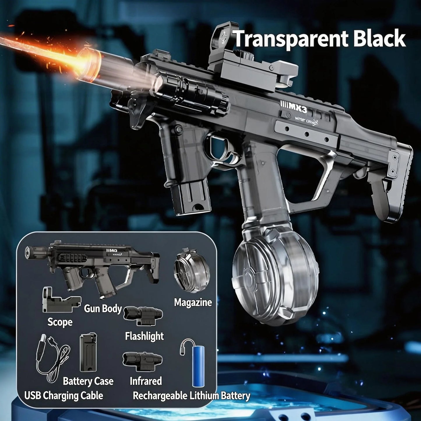 UZI/MK3 Electric Water Gun with Lights Cool Electric Continuous Firing and Reloading Summer Water Play Kid’s Adult Toy Water Gun