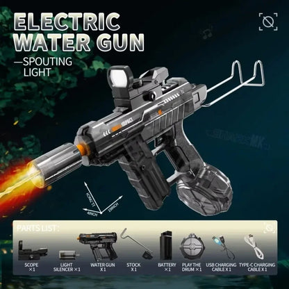 UZI Electric Water Gun with LED Light Recoil Long Range Continuous Shooting Water Blaster Summer Beach Outdoor Toy for Kids