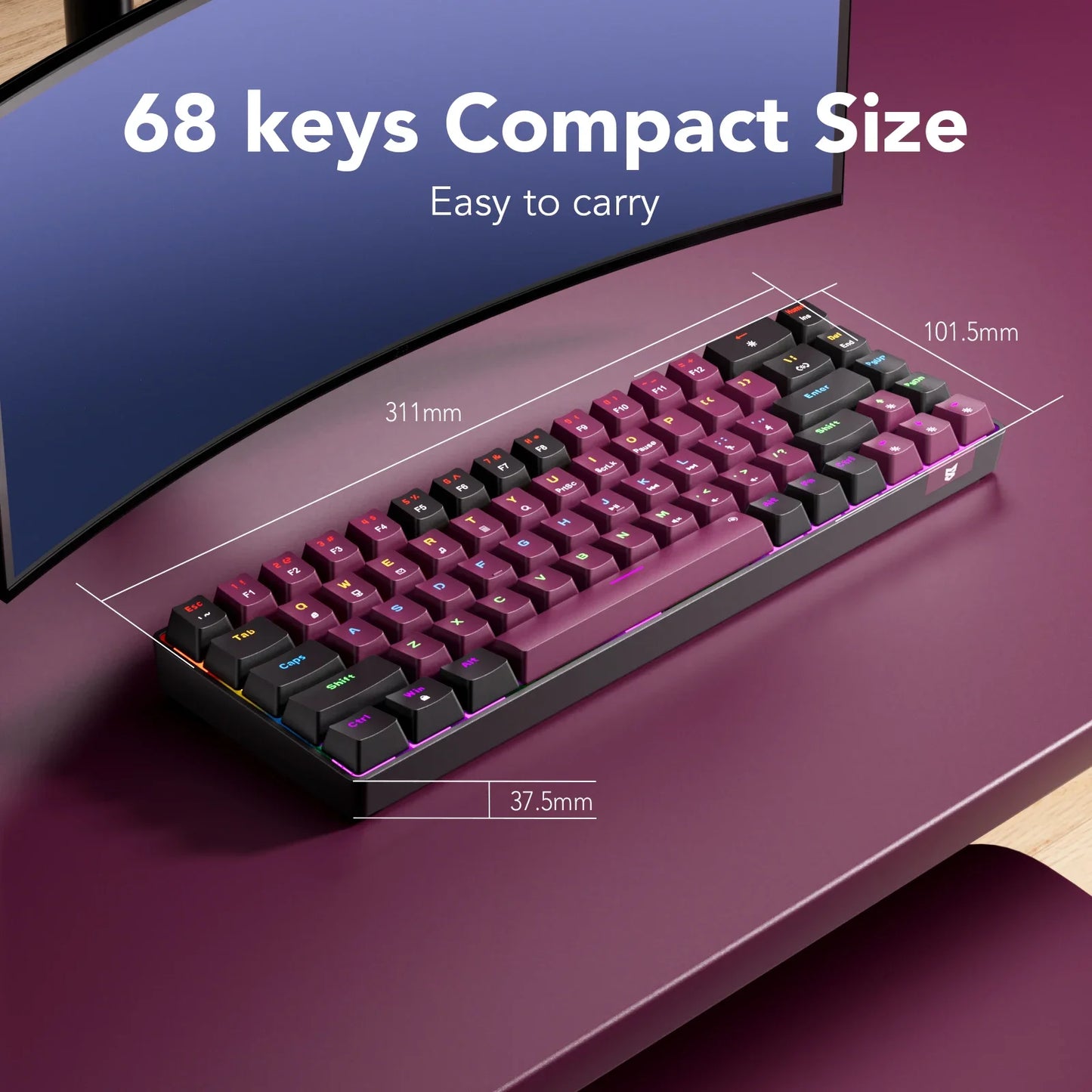 Compact Wired Gaming Mechanical Keyboard 68-Key Hot-Swappable 65% Layout LED Backlight OEM Keycaps  Support for PC