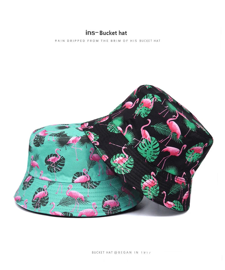 Bocca Flamingo Printing Bucket Hat Coconut Trees Printing Pattern Fisherman Hats Double Sides Panama Cap Summer Cap Hot Selling