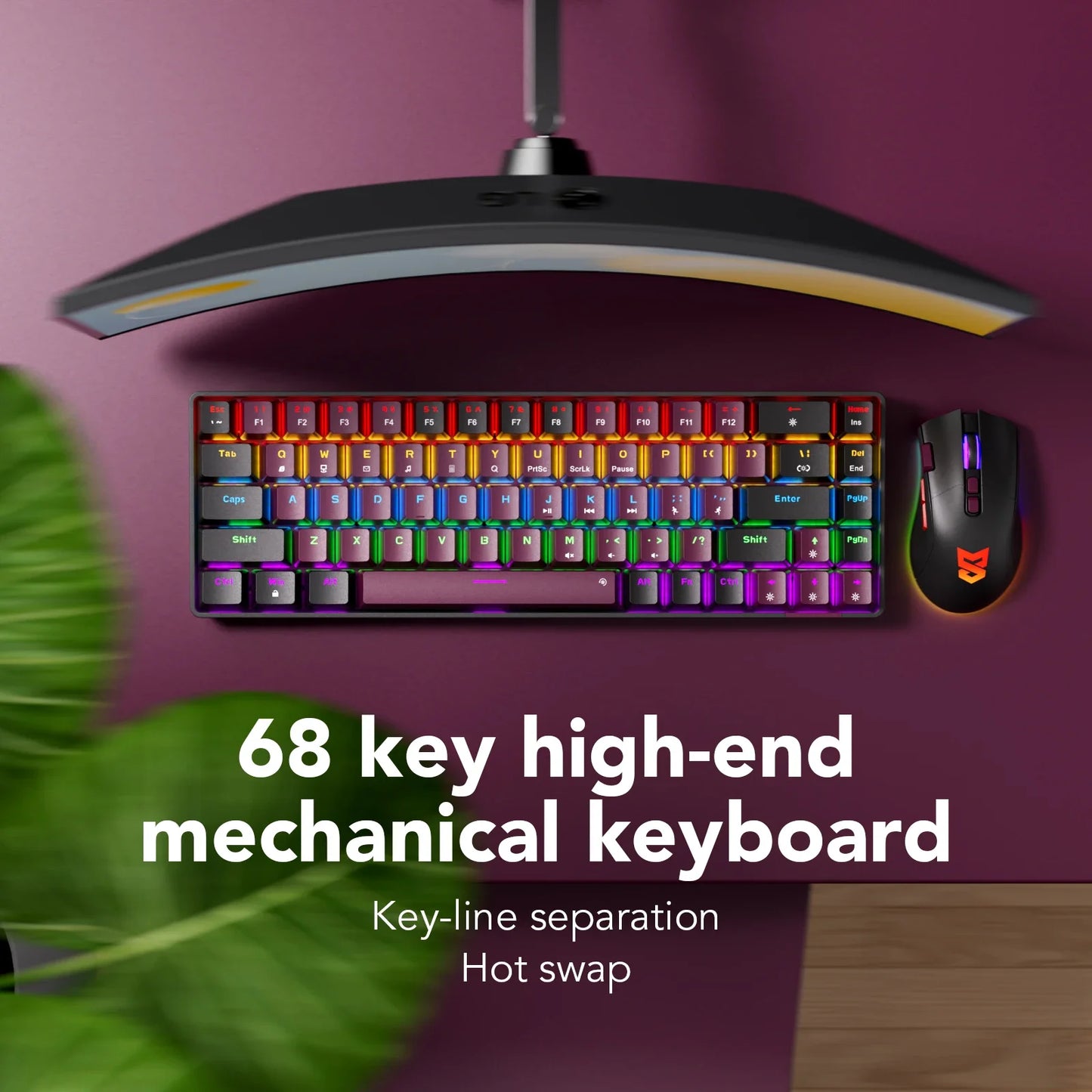 Compact Wired Gaming Mechanical Keyboard 68-Key Hot-Swappable 65% Layout LED Backlight OEM Keycaps  Support for PC