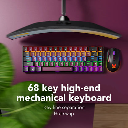 Compact Wired Gaming Mechanical Keyboard 68-Key Hot-Swappable 65% Layout LED Backlight OEM Keycaps  Support for PC