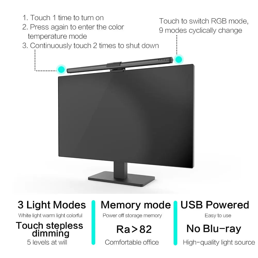 RGB Stepless Dimming LED Monitor Light Bar Eye Protection for Computers Laptops Work Study Game Screen Hanging